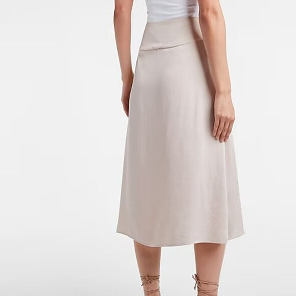 Express Size 4 Bone Colored High Waisted Satin Front Slit Midi Slip Skirt - Picture 2 of 16